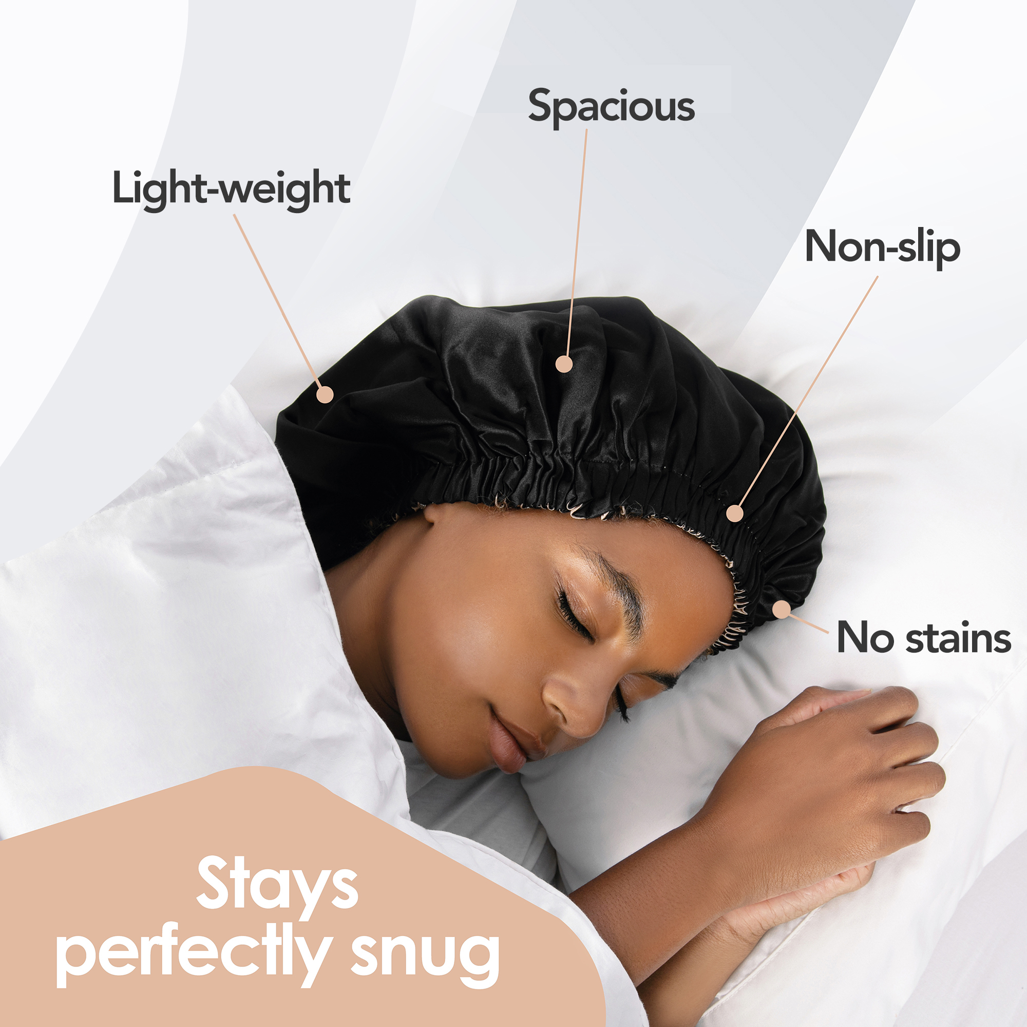 Black silk bonnet stays snug while sleeping