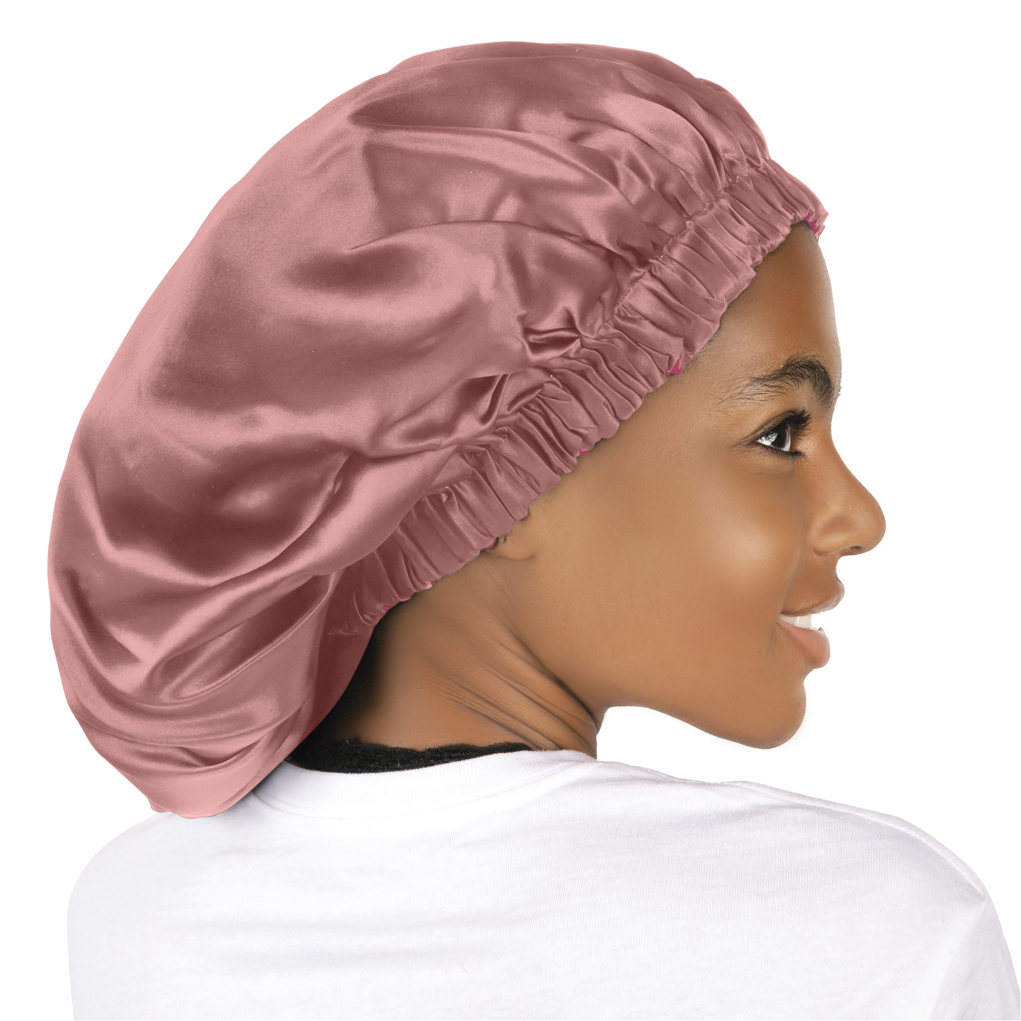 Pink mulberry silk bonnet on model