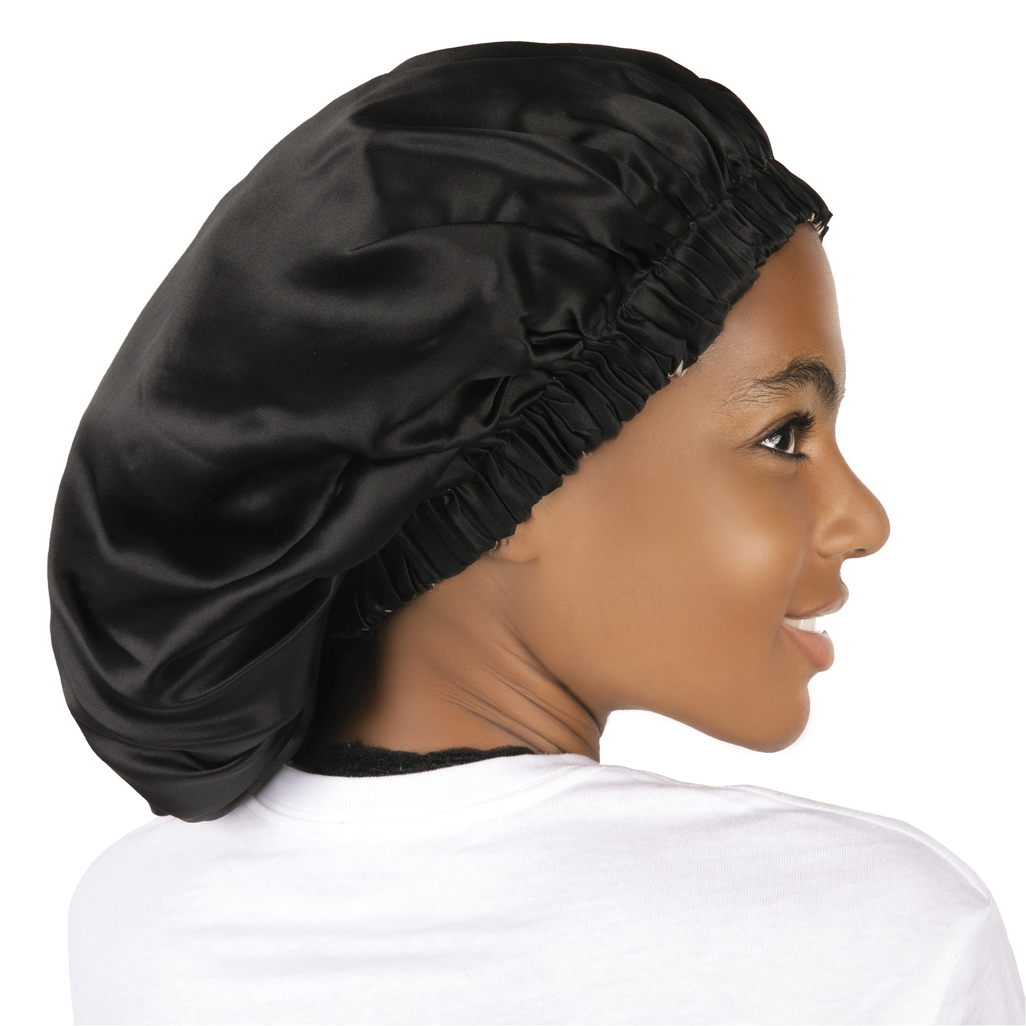 Black mulberry silk bonnet, side view on model