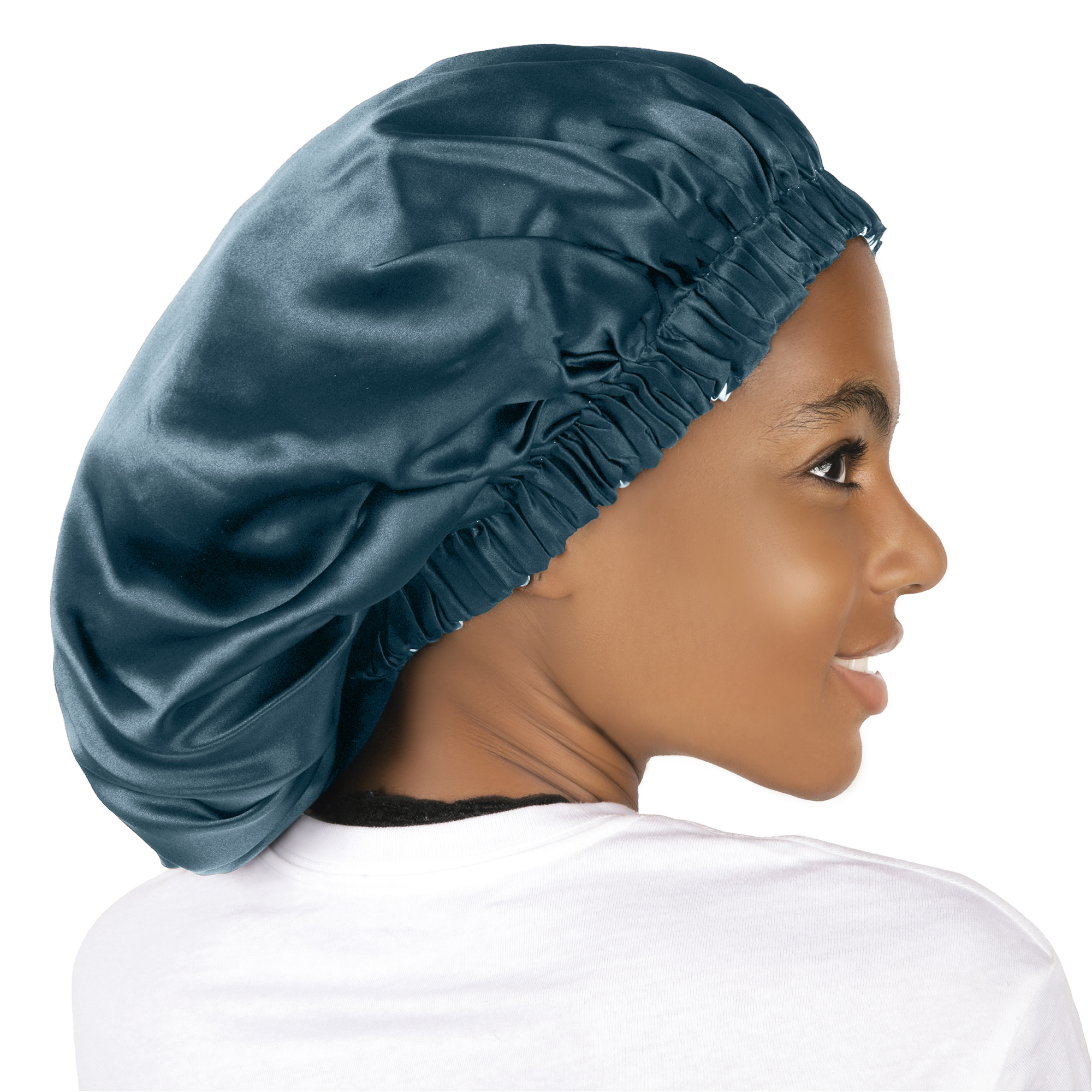 Blue mulberry silk bonnet, side view on model