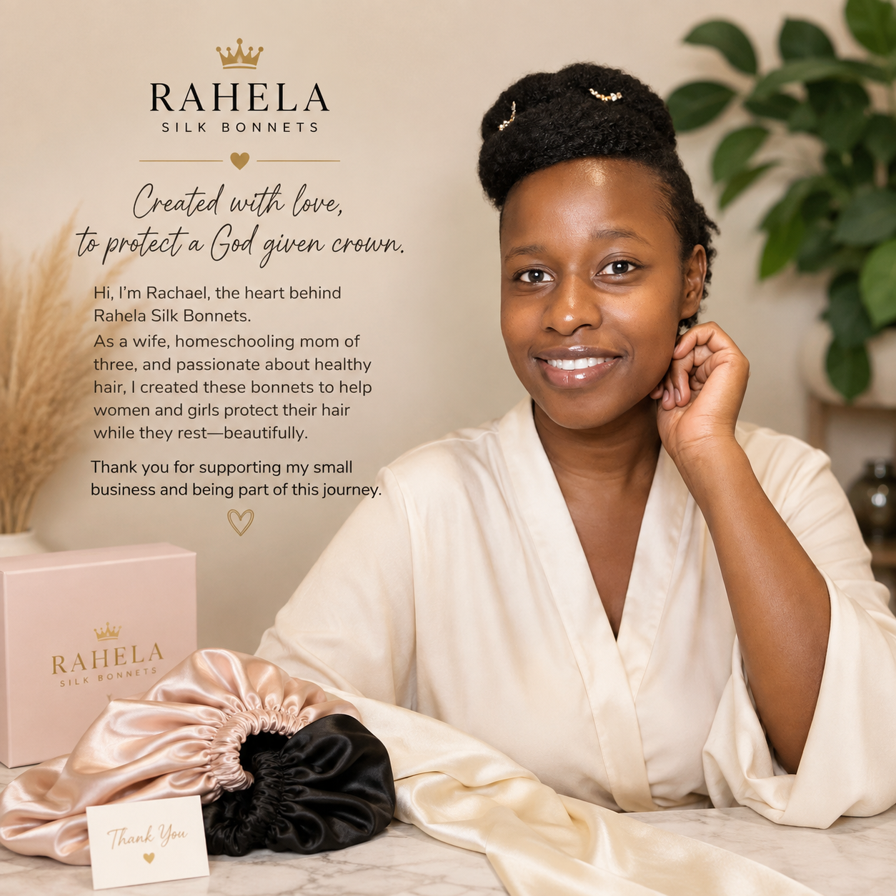 Rachael, founder of Rahela Silk Bonnet