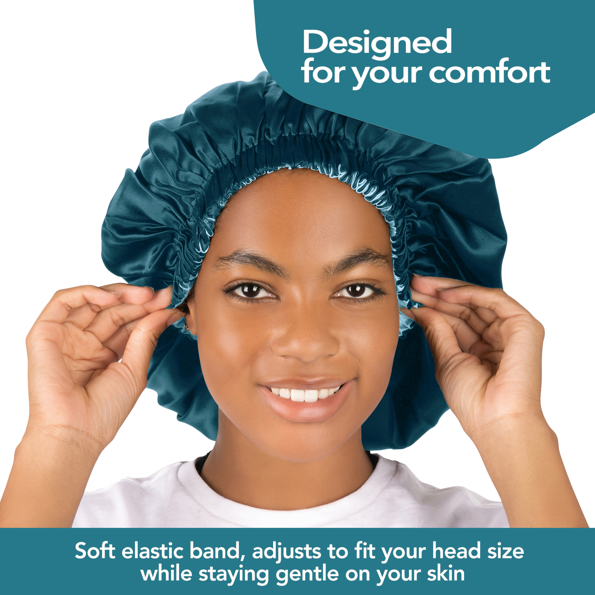 Model adjusting the soft elastic band of the blue silk bonnet