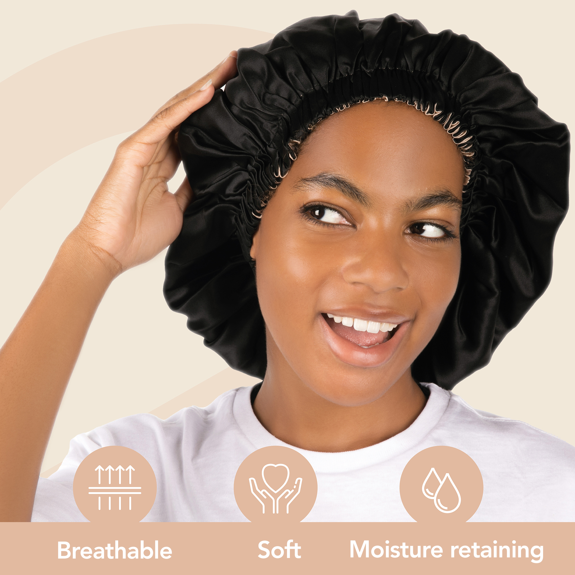Breathable 19-momme silk detail, black bonnet